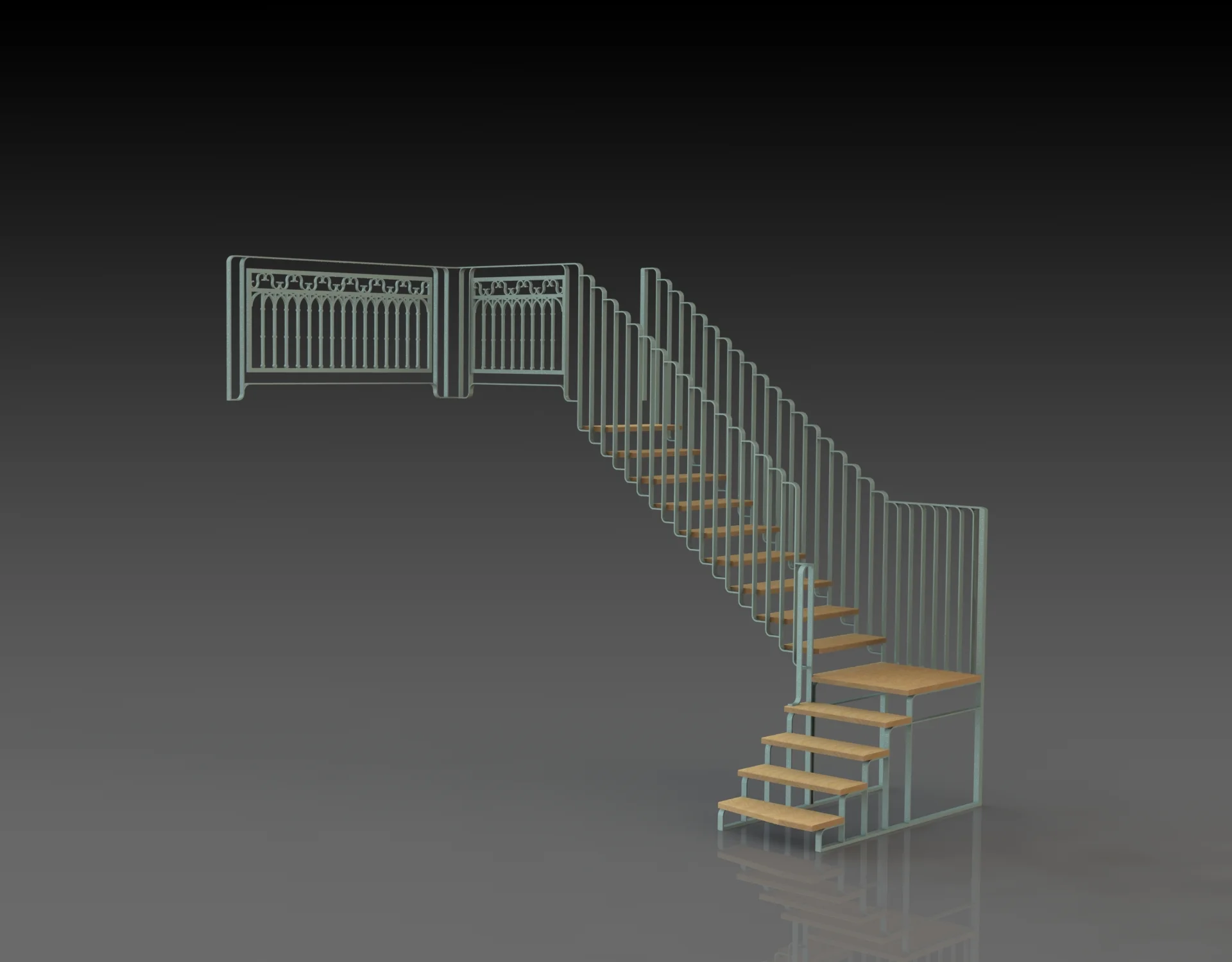 Vue globale de l'escalier. Le design du palier bas est à retravailler mais à moins d'une rupture franche de design avec le reste de l'escalier, je souhaiterais faire reposer les marches en bois sur la structure métallique ayant une forme très proche du garde corps.